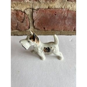 Vintage Porcelain Ceramic White Terrier Brown & Black Spotted Dog Figurine 2.5”L